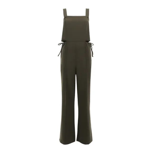 【OUWEY 歐薇】縲縈抽繩長版吊帶連身褲(深咖；S-L；3243327606)