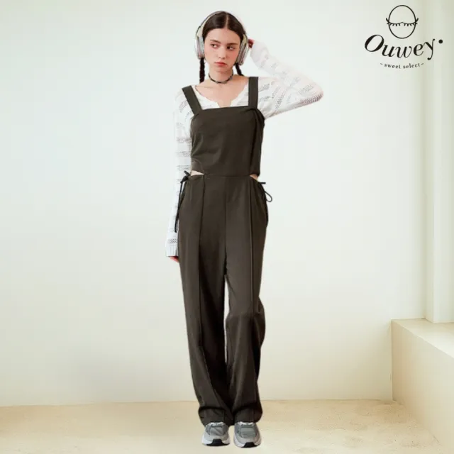 【OUWEY 歐薇】縲縈抽繩長版吊帶連身褲(深咖;S-L;3243327606)
