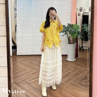 【my stere 我的時尚秘境】澎澎袖側腰抓皺綁帶襯衫 萊姆黃 抓皺襯衫 挺版襯衫 設計襯衫 縮腰襯衫 黃色襯衫