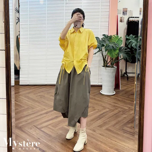 【my stere 我的時尚秘境】澎澎袖側腰抓皺綁帶襯衫 萊姆黃 抓皺襯衫 挺版襯衫 設計襯衫 縮腰襯衫 黃色襯衫
