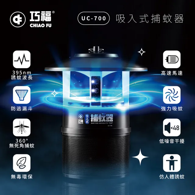 【巧福】吸入式捕蚊器 UC-700(IPX4防潑水/無腳架/首創誘餌+黏蚊紙/LED捕蚊燈/戶外露營)