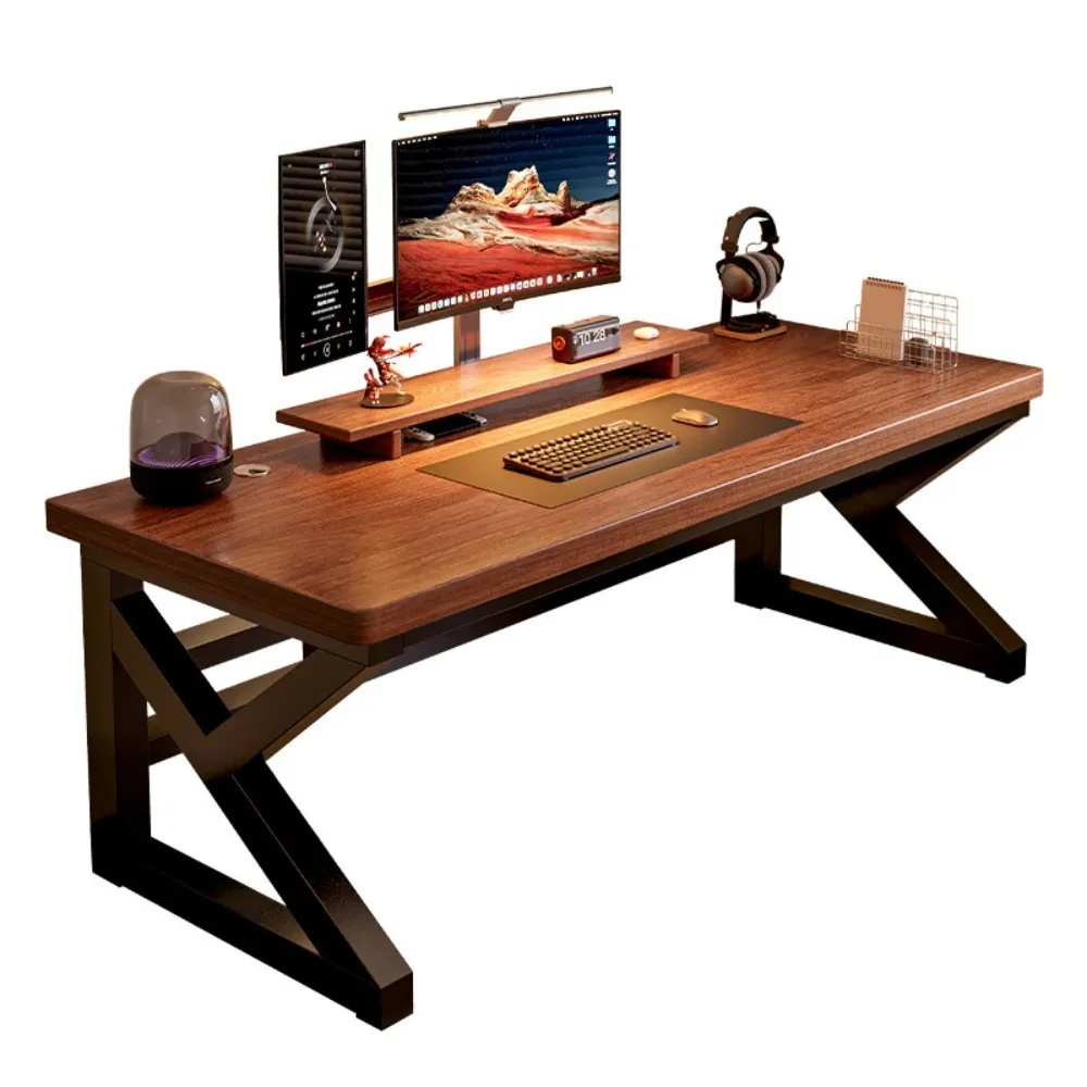 工業風實木芯電腦桌（140×60cm K 型雙橫樑遊戲桌 防刮免漆書桌）