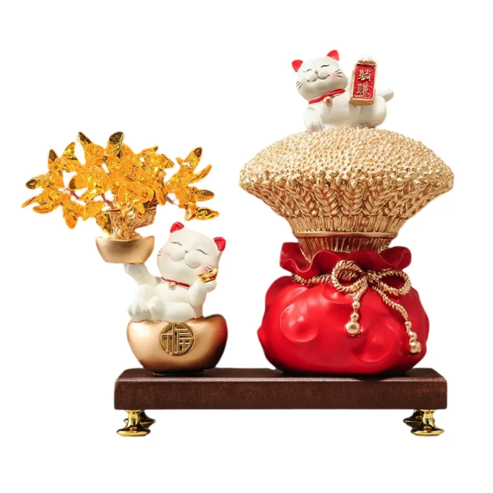 【LEZUN 樂尊】家用大麥招財貓擺件+搖錢樹招財貓+木板 30*18*31cm(玄關裝飾品 桌上擺飾)
