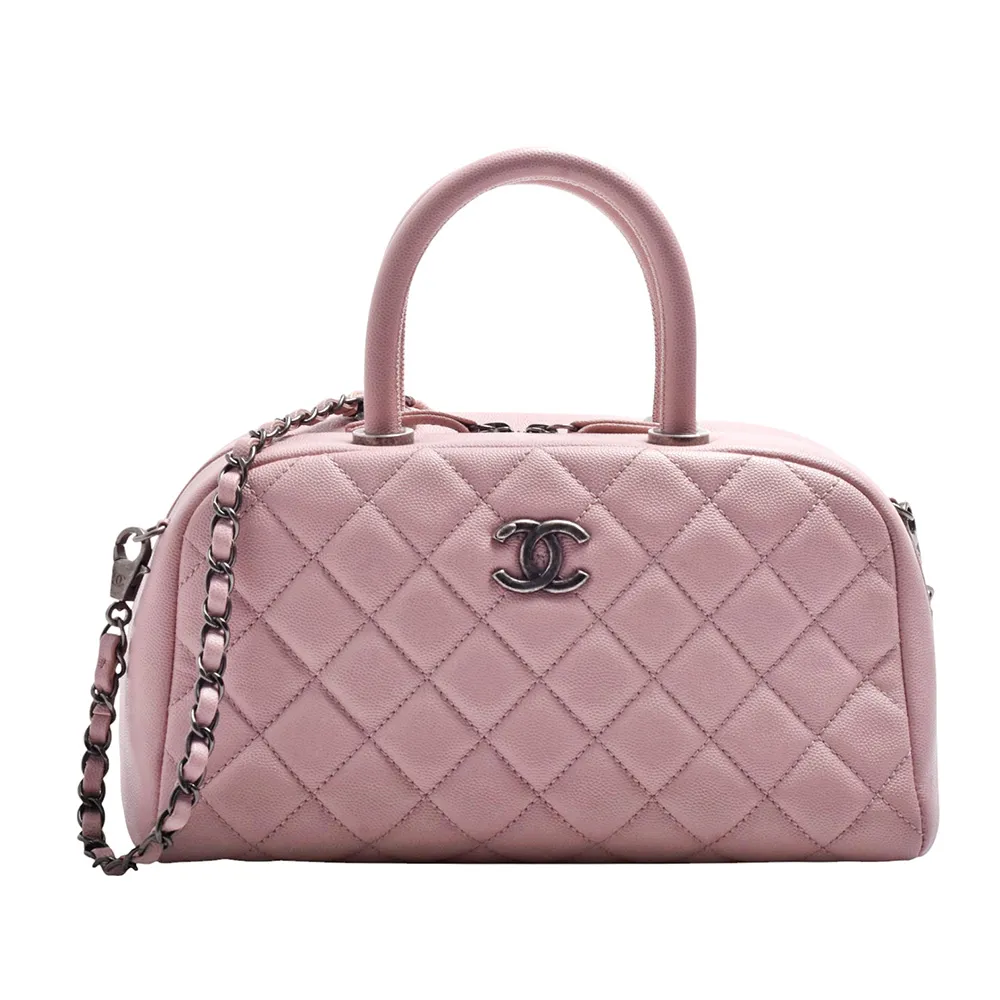 【CHANEL 香奈兒】經典仿舊雙C LOGO菱格粒紋牛皮手提保齡球包/斜背包(粉紫色44698C-PINK)