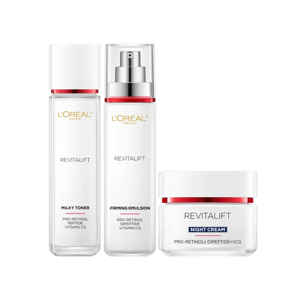 【L’OREAL Paris 巴黎萊雅】活力緊緻專研抗皺修護A醇PRO全套組(精華水130mlx精華乳110mlx日/晚霜50ml)