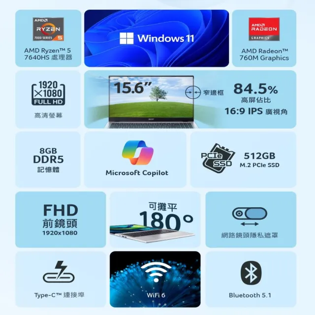 【Acer】筆電包/滑鼠組★15.6吋 R5輕薄效能筆電-冰川藍(Aspire Lite/AL15-49P-R3EA/R5-7430U/16G/512G/W11)