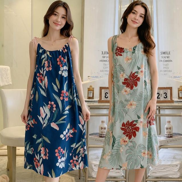【Wonderland】ins風細肩綁帶居家睡衣裙洋裝(女睡衣/連身睡衣/女睡衣居家服/居家睡衣)
