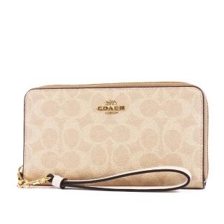 【COACH】緹花LOGO防刮皮革手掛式拉鍊長夾-灰褐