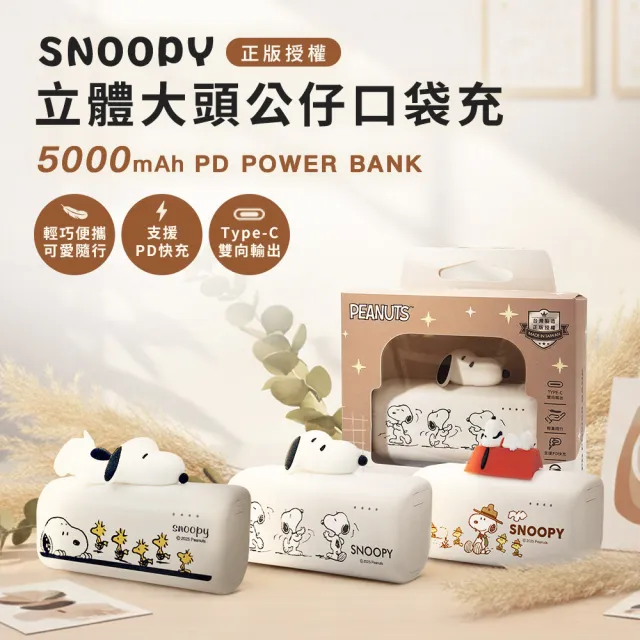 【SNOOPY 史努比】5000mAh立體大頭公仔口袋充 Type-C頭(PSN-159)