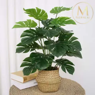 【Floral M】南洋龜背竹60cm仿真植栽(贈編織籃)(人造植栽/仿真樹/室內佈置/居家裝飾/桌上型植栽)