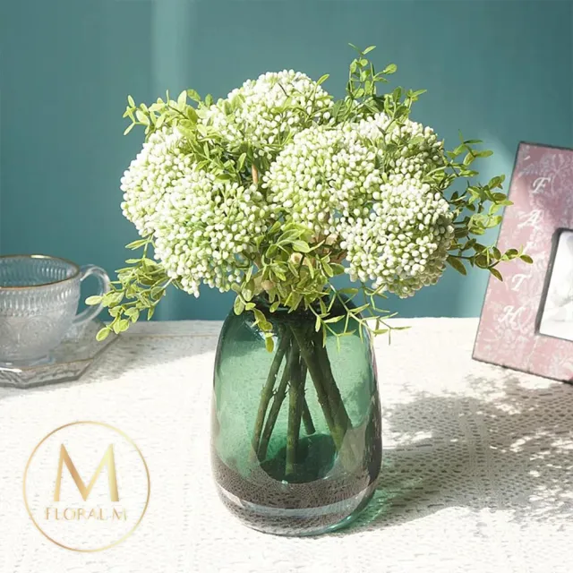 【Floral M】居家裝飾清新白綠小米果仿真花花材3入組(人造花/仿真花/假花/花藝DIY/裝飾花材)
