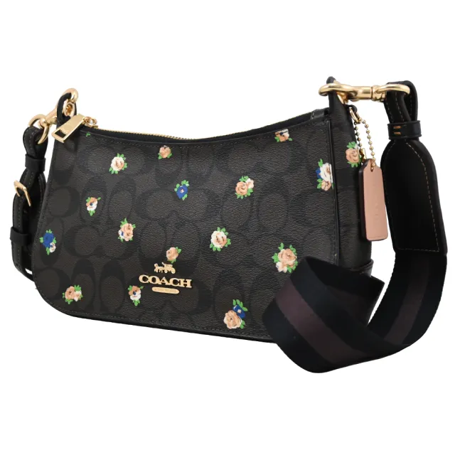 【COACH】滿版C LOGO花繪拼接寬背帶手拿包斜背包(深咖)