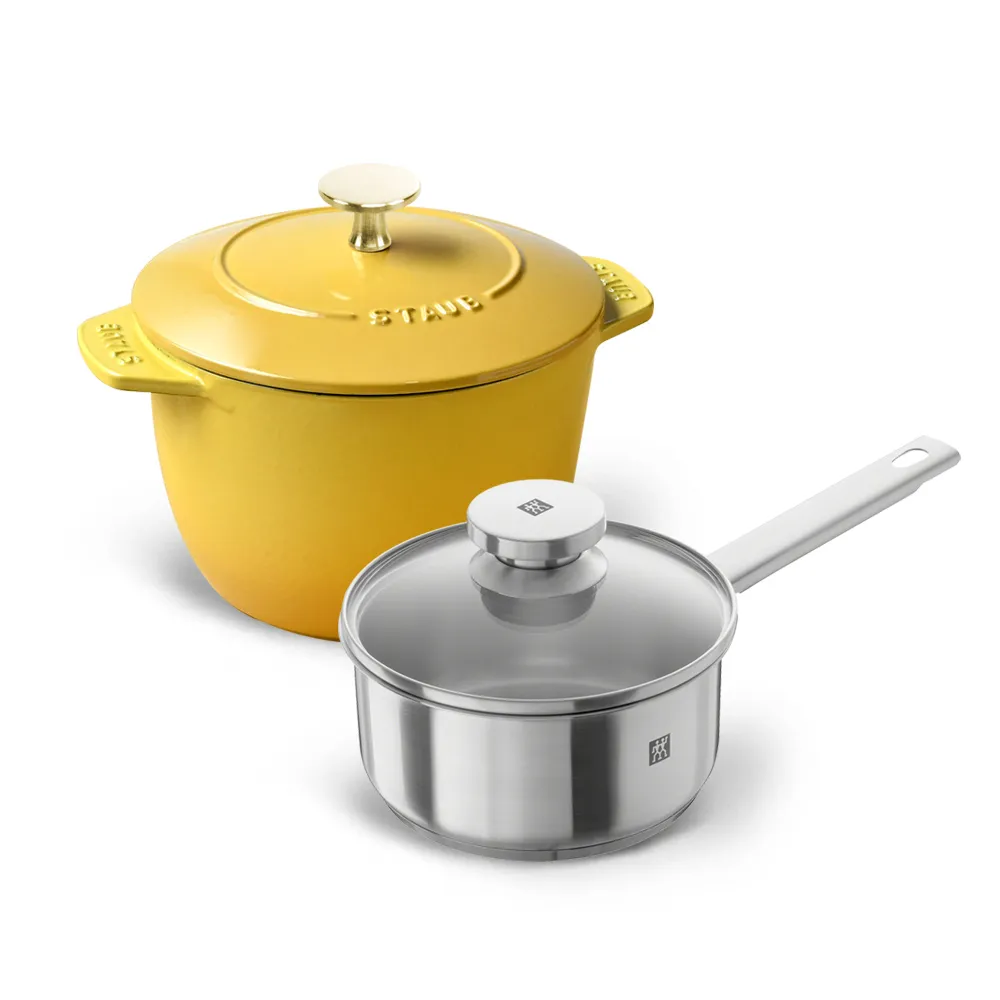 STAUB】檸檬黃琺瑯鑄鐵飯鍋16cm+Joy不鏽鋼單柄鍋16cm(德國雙人牌集團