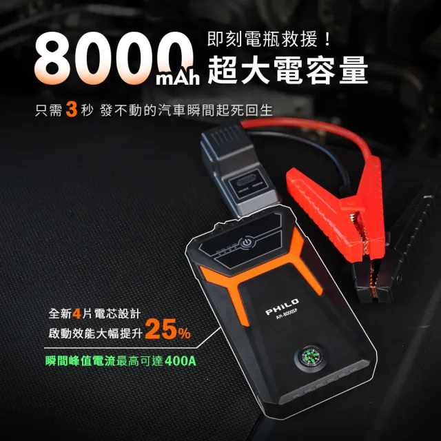 【Philo 飛樂】AH-8000SP 指南針版 8000mAh救車行動電源(汽車救援電池/汽車行動電源/緊急啟動電源)