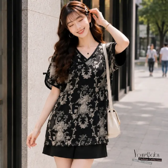 【YOUNGBABY】東方雅韻碎花盤釦旗袍上衣 中大尺碼女裝