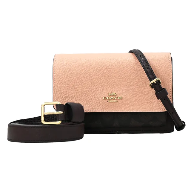 【COACH】馬車LOGO蛇紋飾邊雙背帶三用腰包斜背包(深咖/粉)
