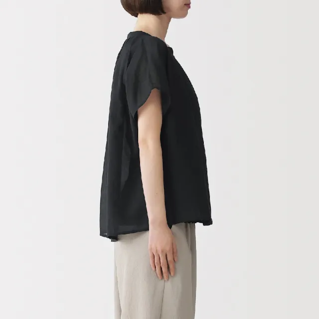 【MUJI 無印良品】女強撚透明感法式袖套衫(黑色/深綠/黑格紋/象牙白格紋)