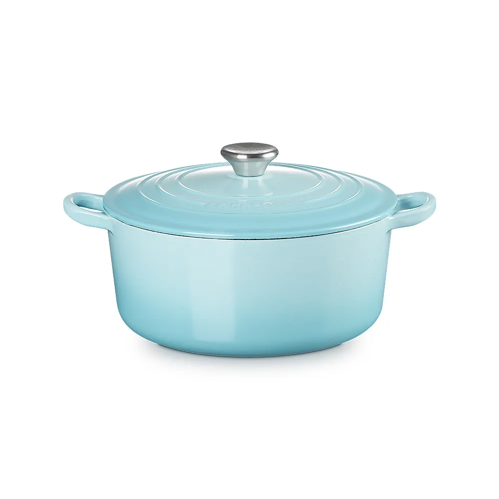 【Le Creuset】琺瑯鑄鐵鍋圓鍋24 cm(水漾藍-鋼頭-內鍋白)