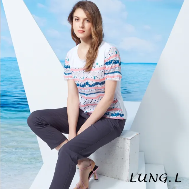 【LUNG.L 林佳樺】LU96A 粉色拼色波浪條紋短袖女裝上衣