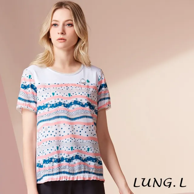 【LUNG.L 林佳樺】LU96A 粉色拼色波浪條紋短袖女裝上衣