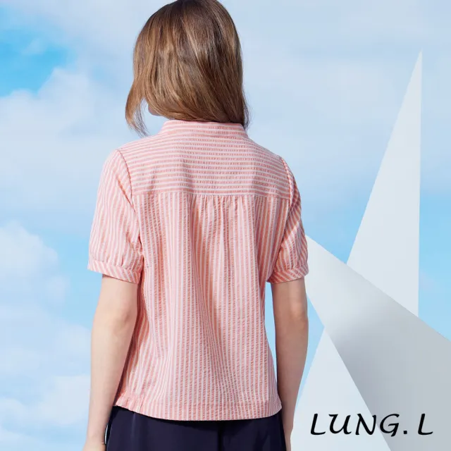 【LUNG.L 林佳樺】LW21A 粉色修身條紋小V領泡泡布短袖女裝上衣