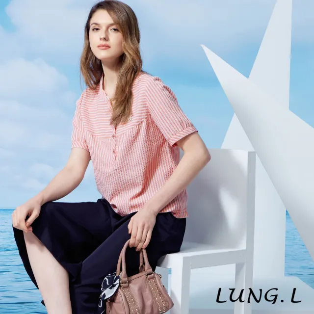 【LUNG.L 林佳樺】LW21A 粉色修身條紋小V領泡泡布短袖女裝上衣