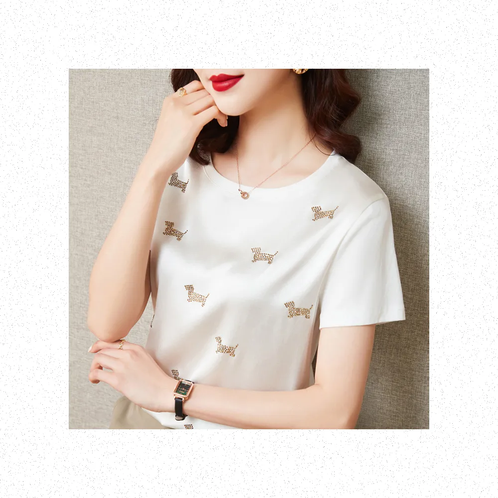 【Very Buy 非常勸敗】預購/時尚燙鑽真絲上衣圓領寬鬆氣質短袖桑蠶絲T恤女內搭上衣