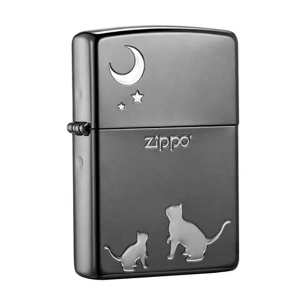 【Zippo官方直營】望月貓咪-黑冰銀-防風打火機(美國防風打火機)