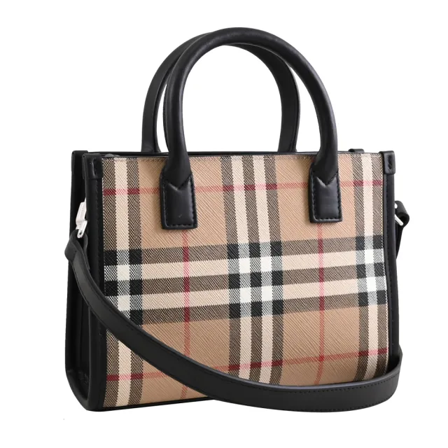 【BURBERRY 巴寶莉】英系經典格紋迷你手提包斜背包兩用包(卡其/黑邊)