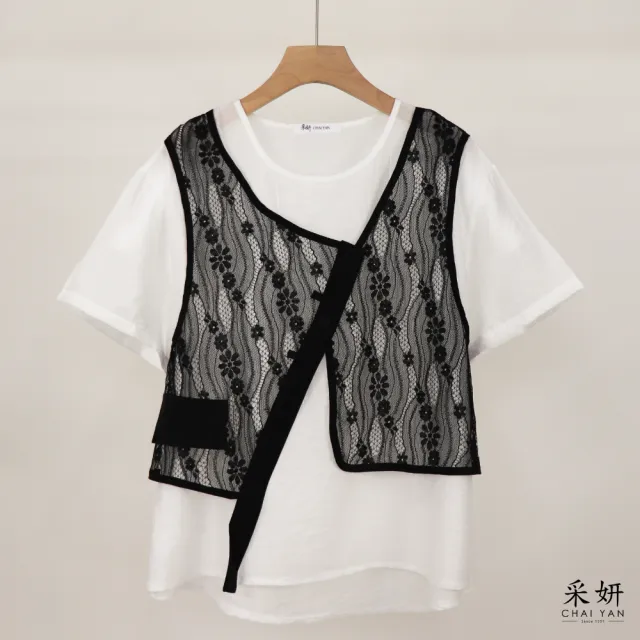 【CHAI YAN 采妍】蕾絲假兩件棉麻短袖上衣(春夏女裝/中大尺碼/專櫃/寬鬆/透氣)