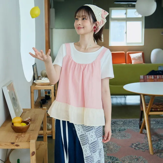 【OB 嚴選】日系真兩件撞色背心白T上衣 《AB21143-》 適 M~XL