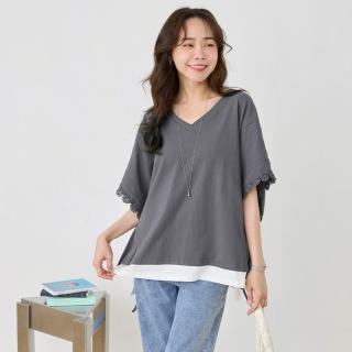 【OB 嚴選】假兩件V領蕾絲袖綁帶上衣 《AB21387-》 適 M~2L