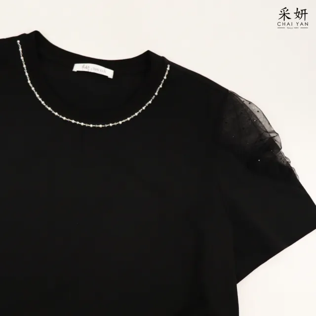 【CHAI YAN 采妍】串珠領網紗袖上衣(春夏女裝/中大尺碼/專櫃/寬鬆/透氣)