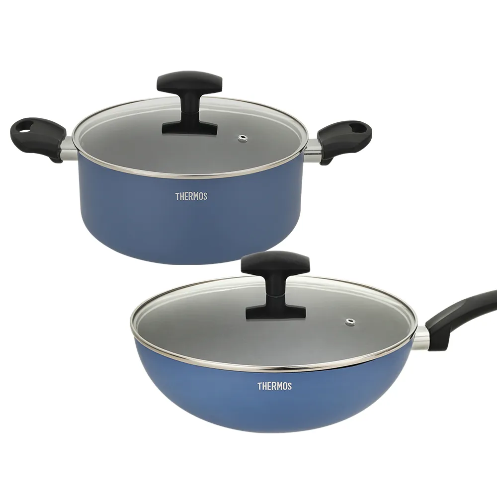 【THERMOS膳魔師】獨家2入_迷霧星空不沾鍋雙耳附蓋湯鍋24cm+含蓋炒鍋28cm(TJP-W24-BL+TJP-28W-BL)