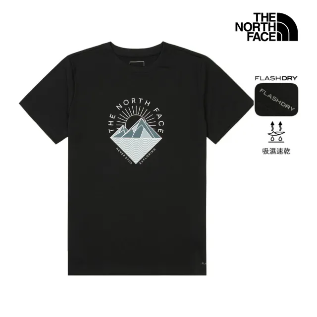 【The North Face】北面女款黑色FLASHDRY速乾幾何印花短袖T恤｜8GZWJK3 排汗衫