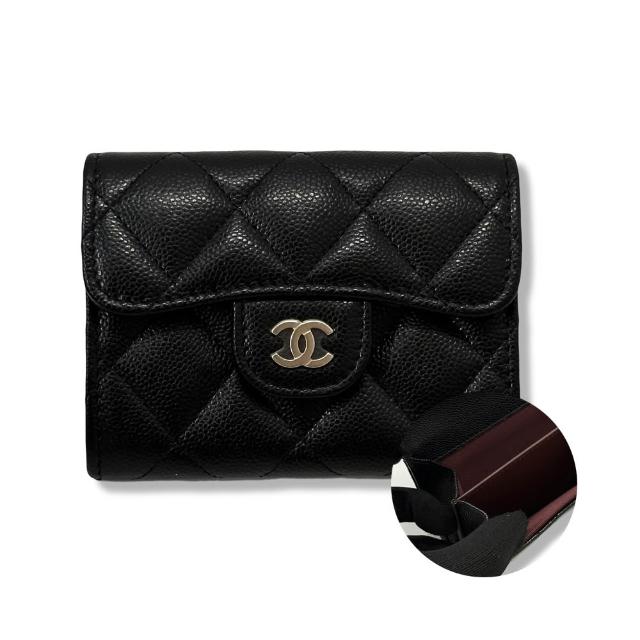 【CHANEL 香奈兒】經典款 雙C 雙層卡包(黑色 x 荔枝紋牛皮 x 淡金釦)