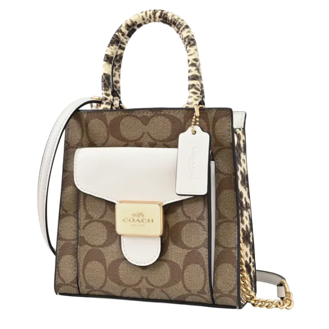 【COACH】MINI PEPPER 金屬方塊馬車LOGO蛇紋飾邊迷你手提兩用包(駝白)