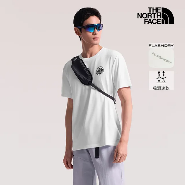 【The North Face】北面男款白色FLASHDRY速乾簡約印花短袖T恤｜8GZVFN4 排汗衫