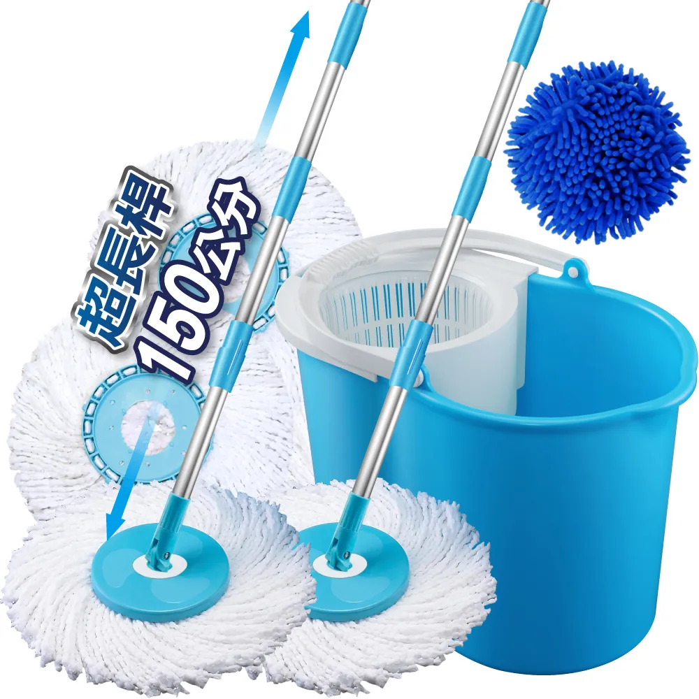 【U-mop】2桿1桶4布1葵 手壓旋轉拖把 150cm不鏽鋼免洗手超長桿(適用好神拖)