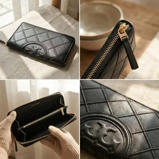 【TORY BURCH】TORY BURCH 菱格納帕皮革Fleming系列全開式拉鍊長夾(黑)