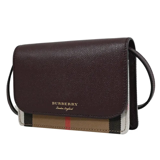 【BURBERRY 巴寶莉】英系經典棉麻格紋拼接手機多卡零錢晚宴包斜背包(酒紅)