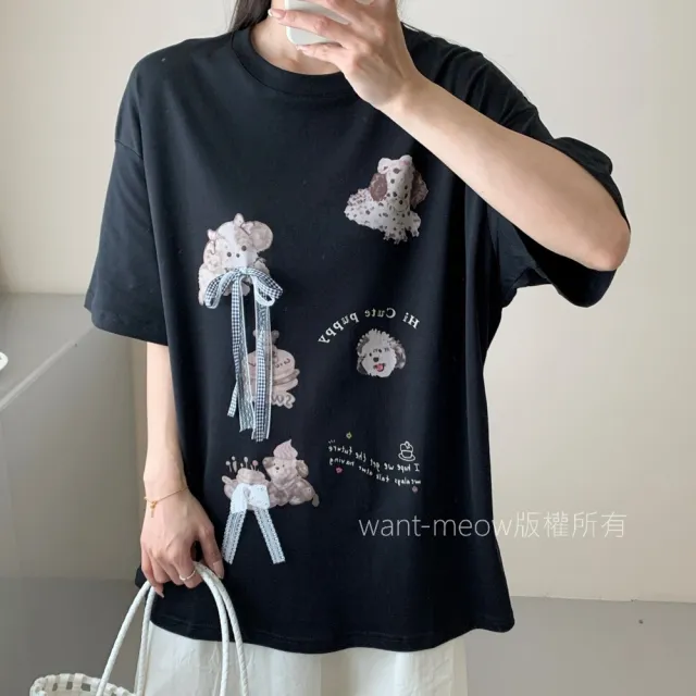 【Want-Meow】90公斤可穿/寬鬆百搭立體蝴蝶結狗狗圖T圓領上衣大學T短袖T(大碼上衣/大碼/大尺碼/短袖上衣)