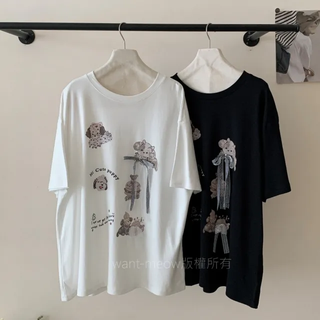 【Want-Meow】90公斤可穿/寬鬆百搭立體蝴蝶結狗狗圖T圓領上衣大學T短袖T(大碼上衣/大碼/大尺碼/短袖上衣)