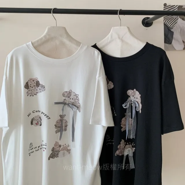 【Want-Meow】90公斤可穿/寬鬆百搭立體蝴蝶結狗狗圖T圓領上衣大學T短袖T(大碼上衣/大碼/大尺碼/短袖上衣)