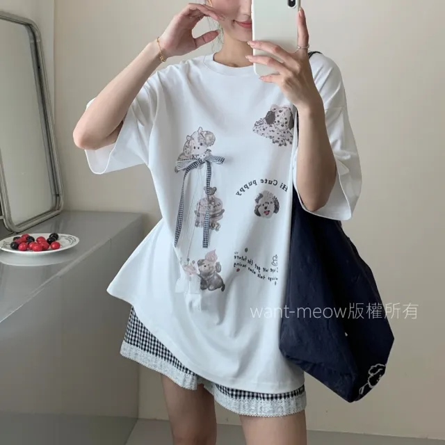 【Want-Meow】90公斤可穿/寬鬆百搭立體蝴蝶結狗狗圖T圓領上衣大學T短袖T(大碼上衣/大碼/大尺碼/短袖上衣)