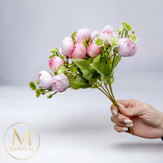 【Floral M】法式花園粉色圓葉小玫瑰花束仿真花花材1入組(人造花/仿真花/假花/花藝DIY/裝飾花材)