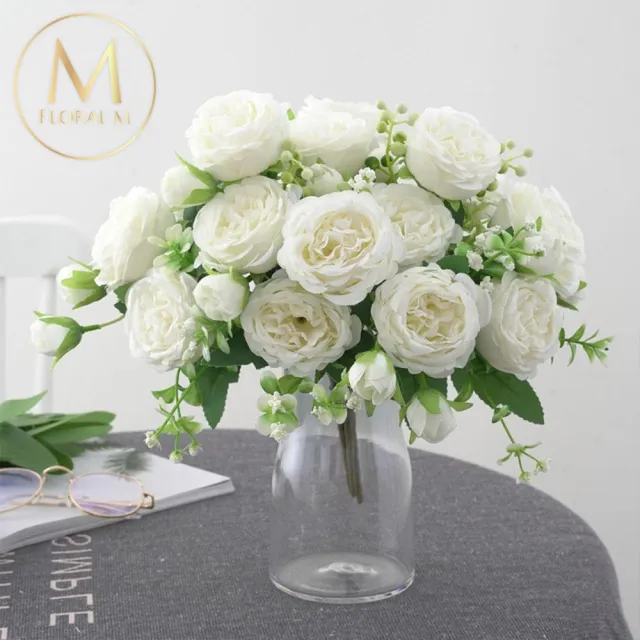 【Floral M】花中之王牡丹花優雅白仿真花花材1入組(人造花/仿真花/假花/花藝DIY/裝飾花材)