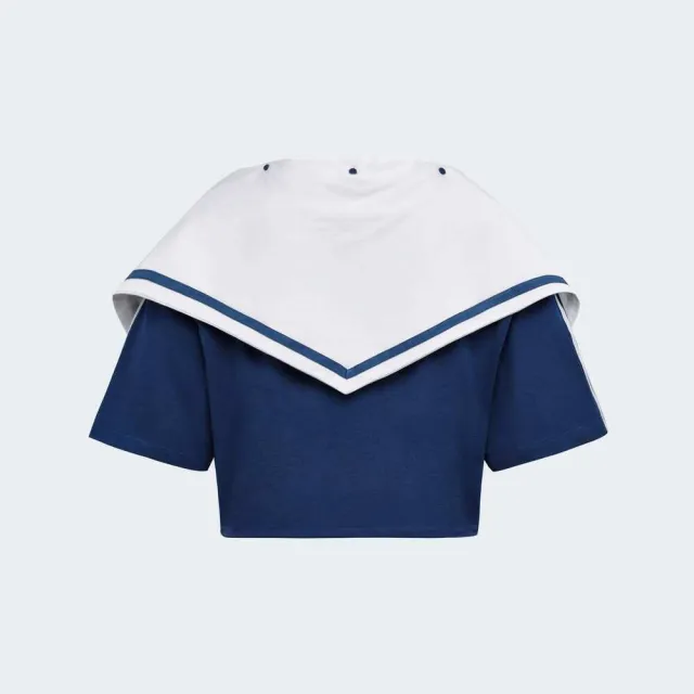 【adidas 愛迪達】Dce Box Tee 女 T恤 運動上衣 休閒短袖 深藍 亞版 短版 領巾設計(KY7755)