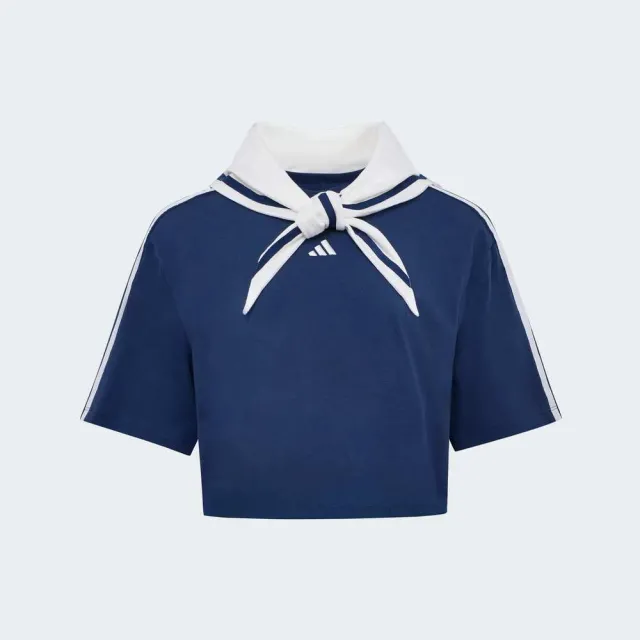 【adidas 愛迪達】Dce Box Tee 女 T恤 運動上衣 休閒短袖 深藍 亞版 短版 領巾設計(KY7755)