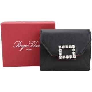 【ROGER VIVIER】Tres Vivier 水鑽方釦牛皮掛鍊釦式短夾(黑色)